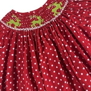 Lolly Wolly‎ Doodle Smocked Dress Red Corduroy Girls 8 Embroidered Reindeer Dots